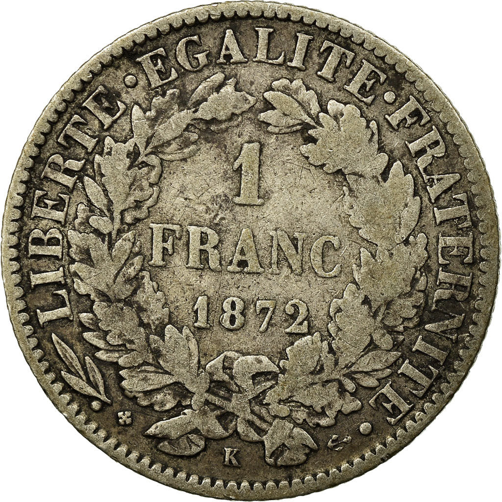 Coin, France, Cérès, Franc, 1872, Bordeaux, VF(20-25), Silver, KM:822.2