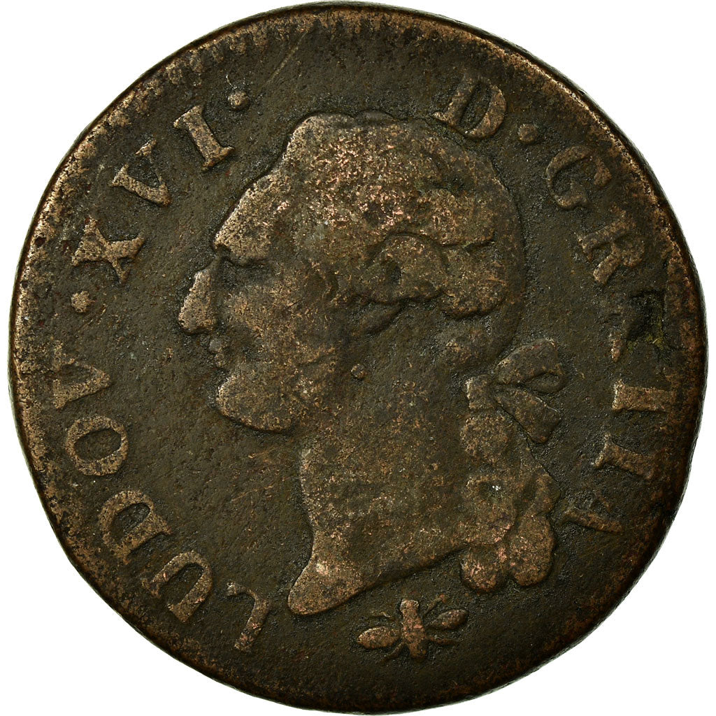 Coin, France, Louis XVI, Sol à l'Ecu, 1791, Lyon, VF(20-25), Copper