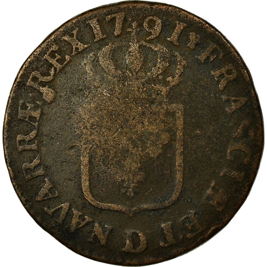 Coin, France, Louis XVI, Sol à l'Ecu, 1791, Lyon, VF(20-25), Copper