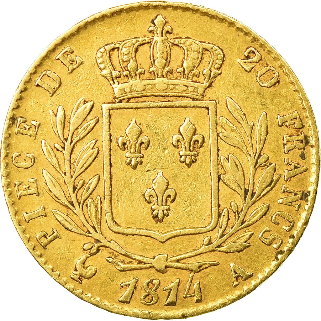 Moneda, Francia, Louis XVIII, 20 Francs, 1814, Paris, BC+, Oro, KM:706.1