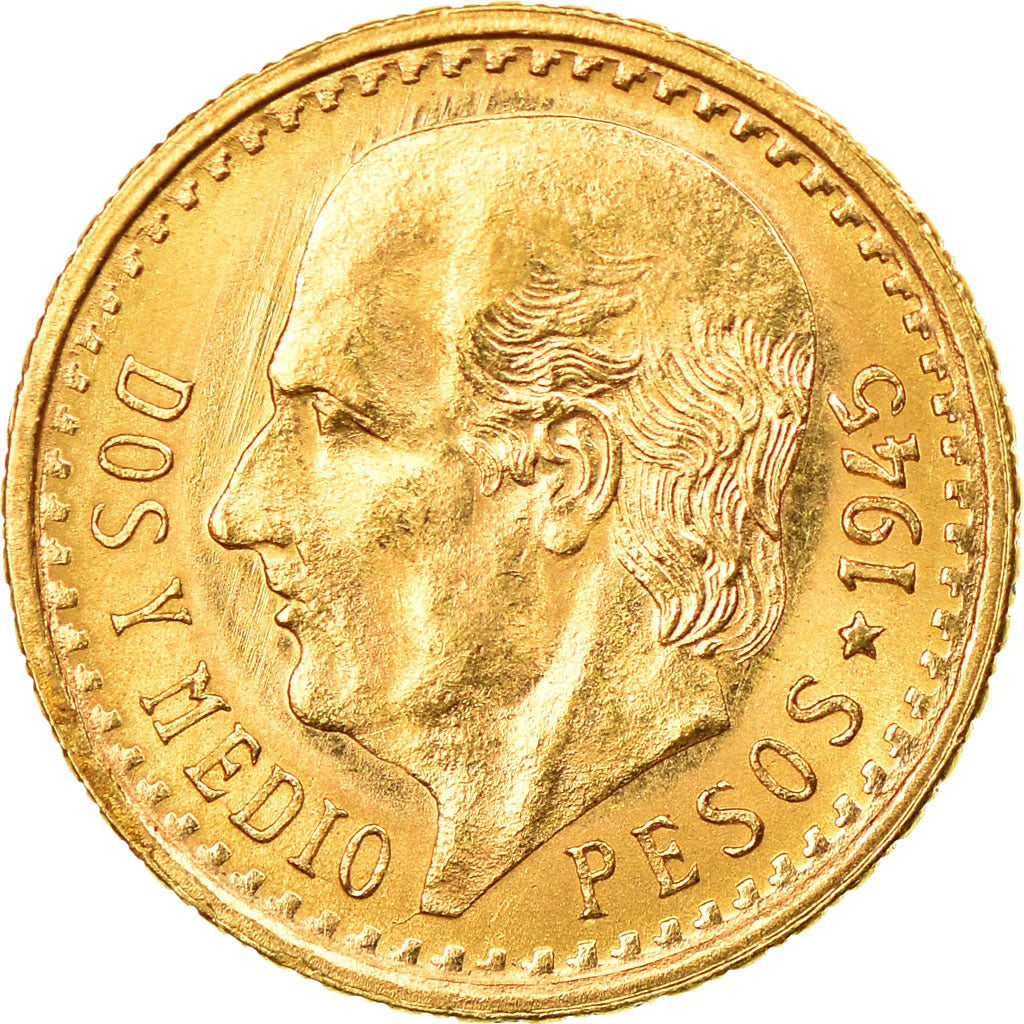 Coin, Mexico, 2-1/2 Pesos, 1945, Mexico City, MS(60-62), Gold, KM:463