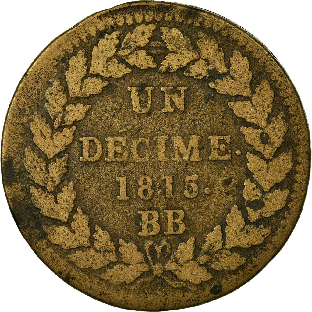 Moneda, Francia, Louis XVIII, Decime, 1815, Strasbourg, BC+, Bronce, KM:701