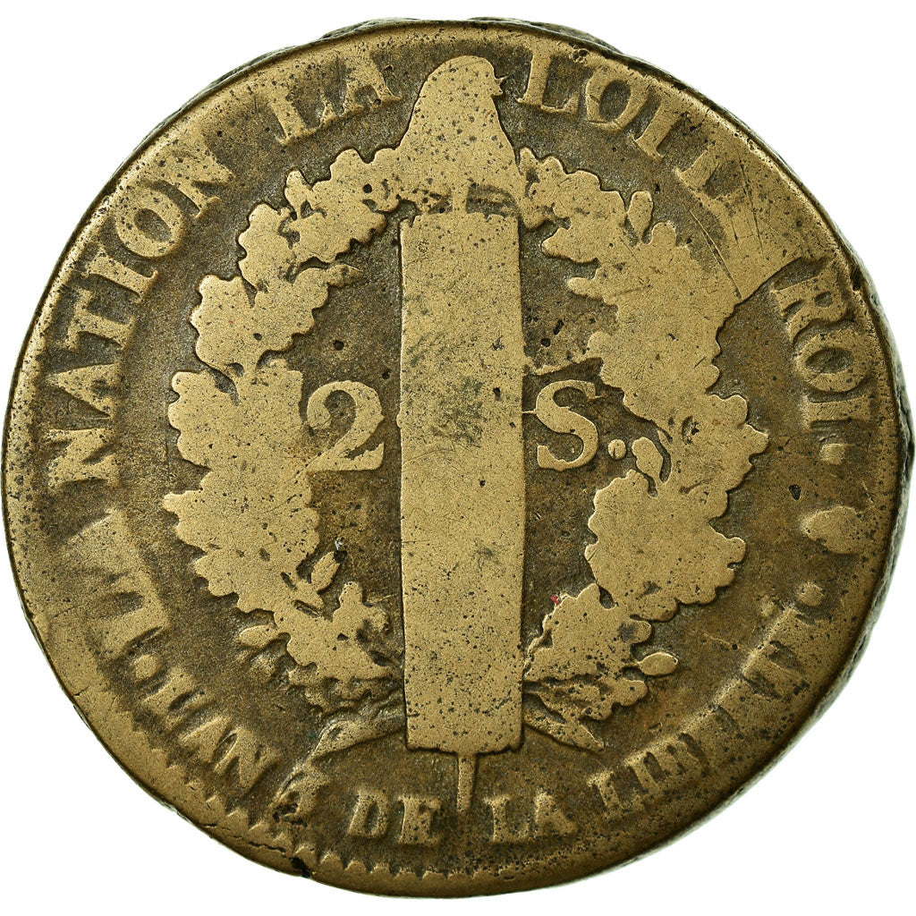 Coin, France, Louis XVI, 2 Sols, 1791, Paris, F(12-15), Bronze, KM:603.1