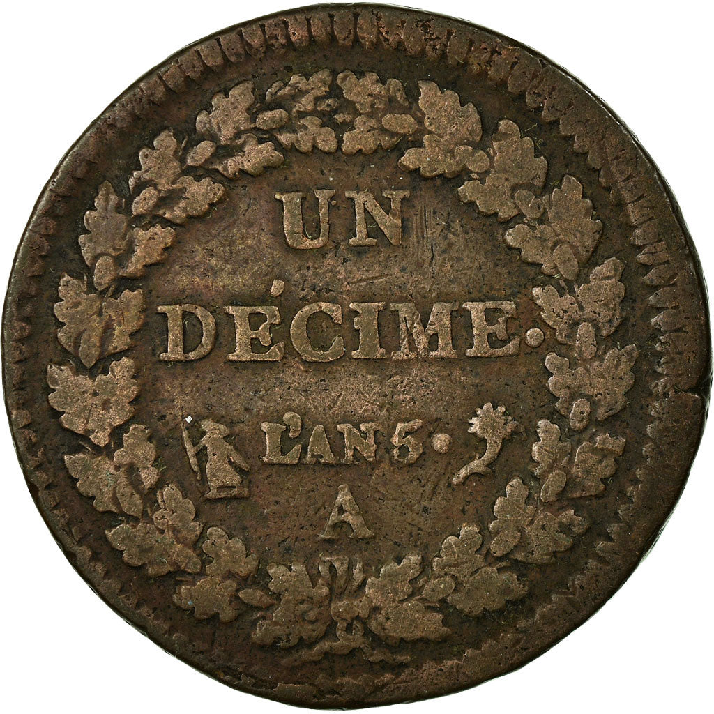 Moneta, Francia, Dupré, Decime, AN 5, Paris, MB, Bronzo, KM:644.1, Gadoury:187