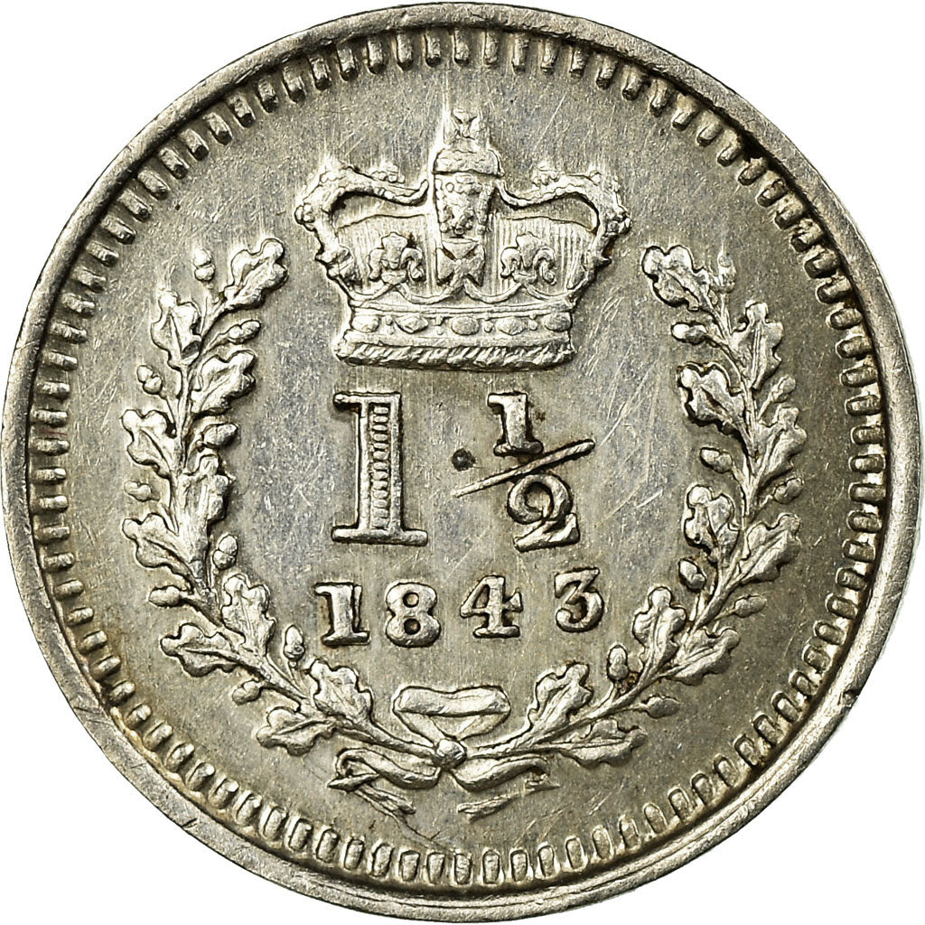 Coin, Great Britain, Victoria, 1-1/2 Pence, 1843, AU(55-58), Silver, KM:728