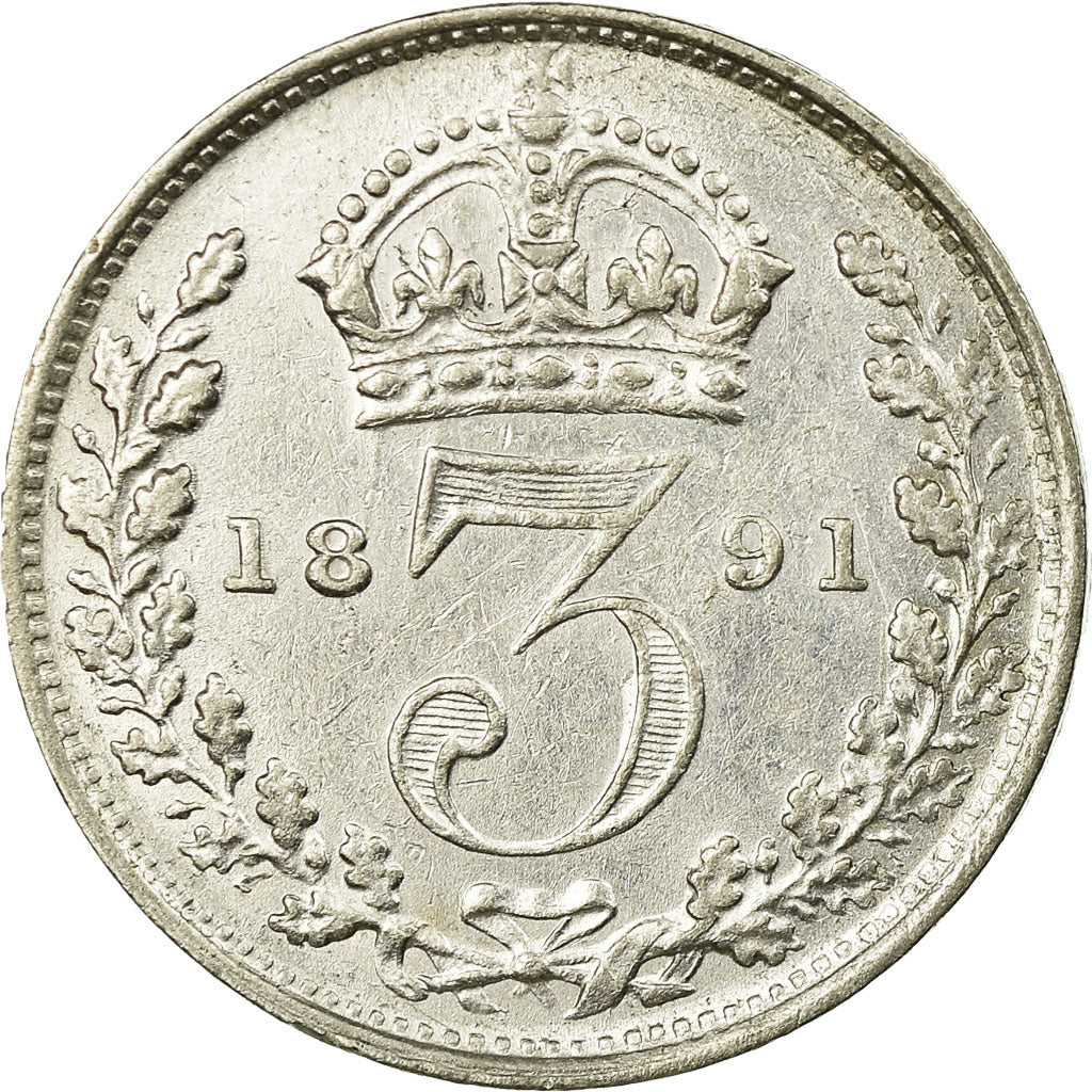 Coin, Great Britain, Victoria, 3 Pence, 1891, AU(50-53), Silver, KM:758