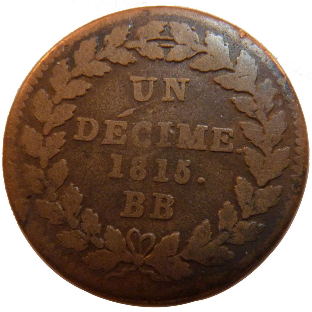 FRANCE, Louis XVIII, Decime, 1815, Strasbourg, KM #701, VF(20-25), Bronze,...