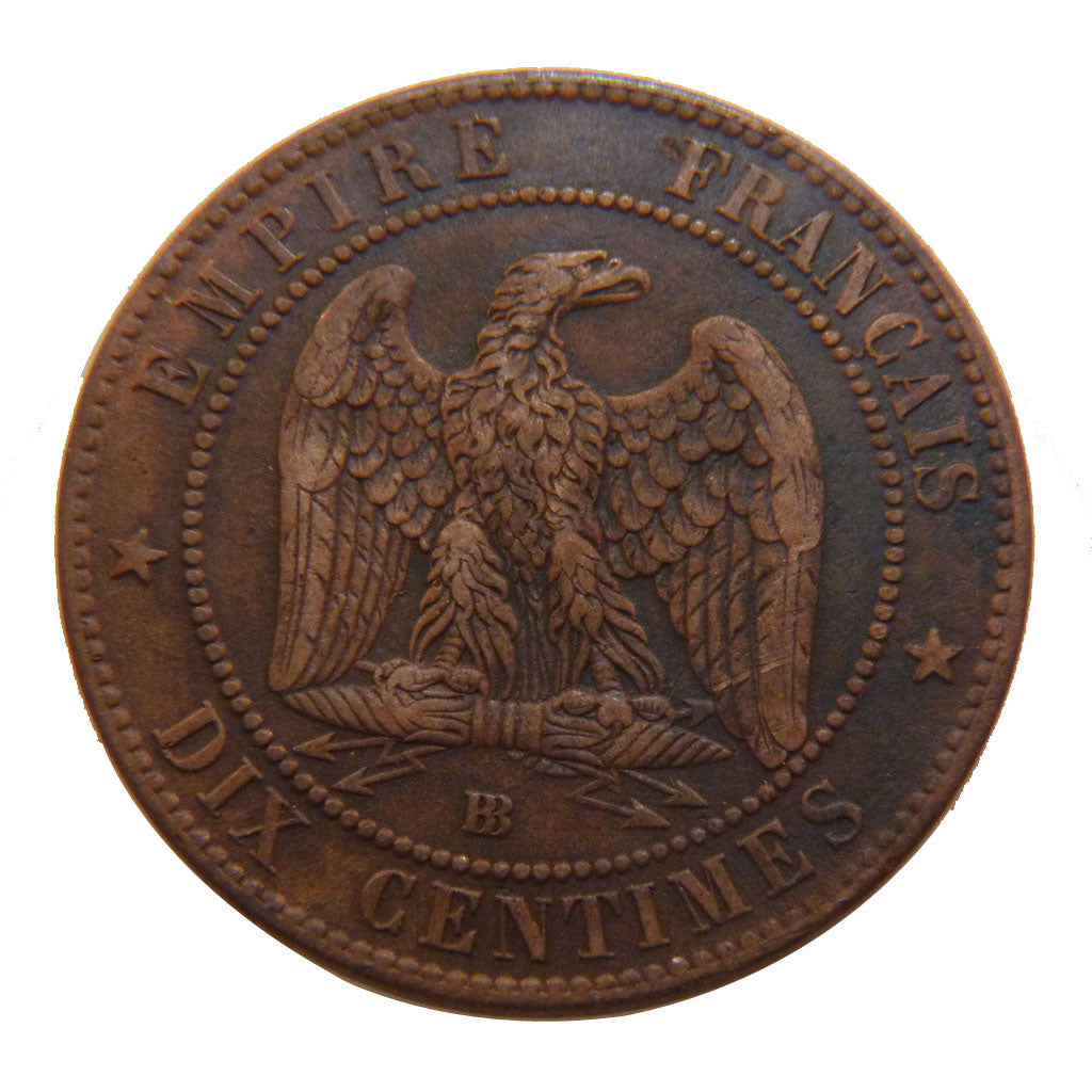 FRANCE, 10 Centimes, 1855, Strasbourg, EF(40-45), Bronze, Gadoury #248, 10.00