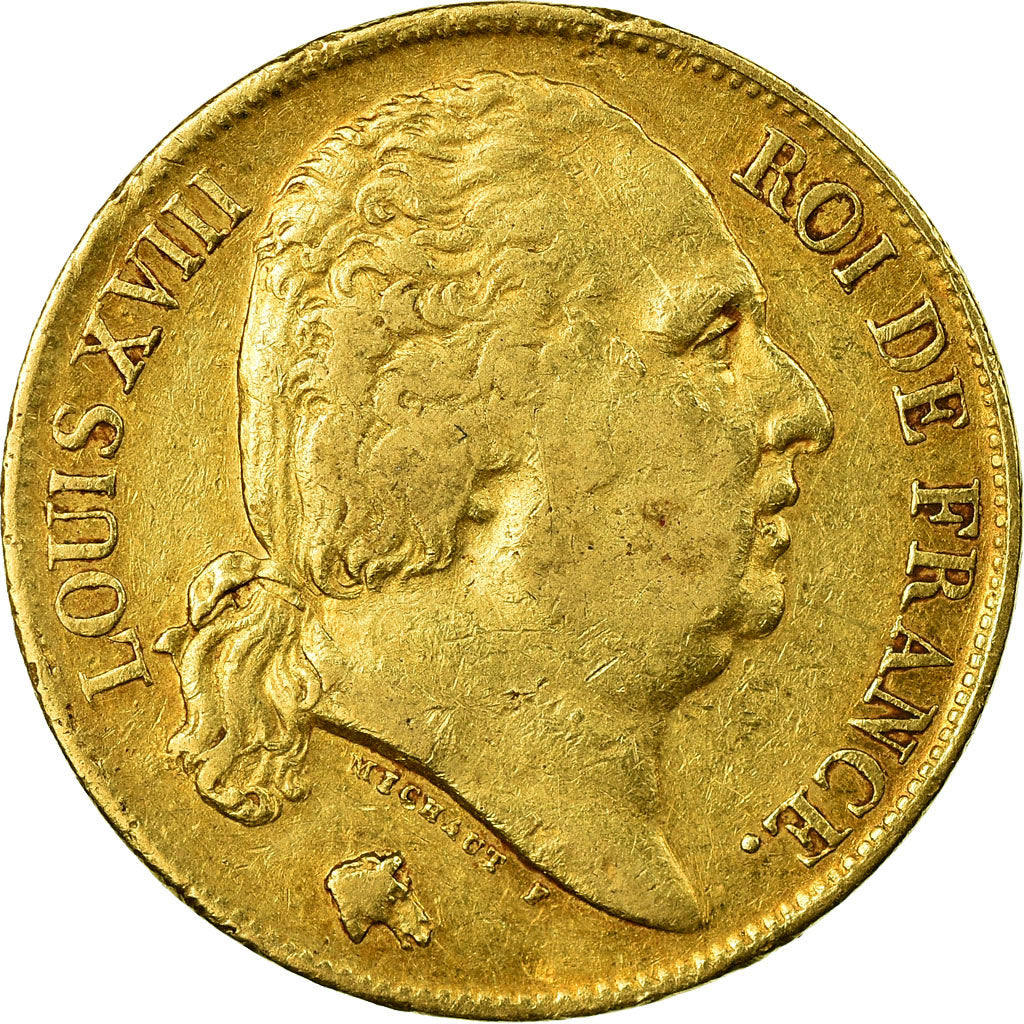 Moneta, Francja, Louis XVIII, 20 Francs, 1824, Lille, EF(40-45), Złoto