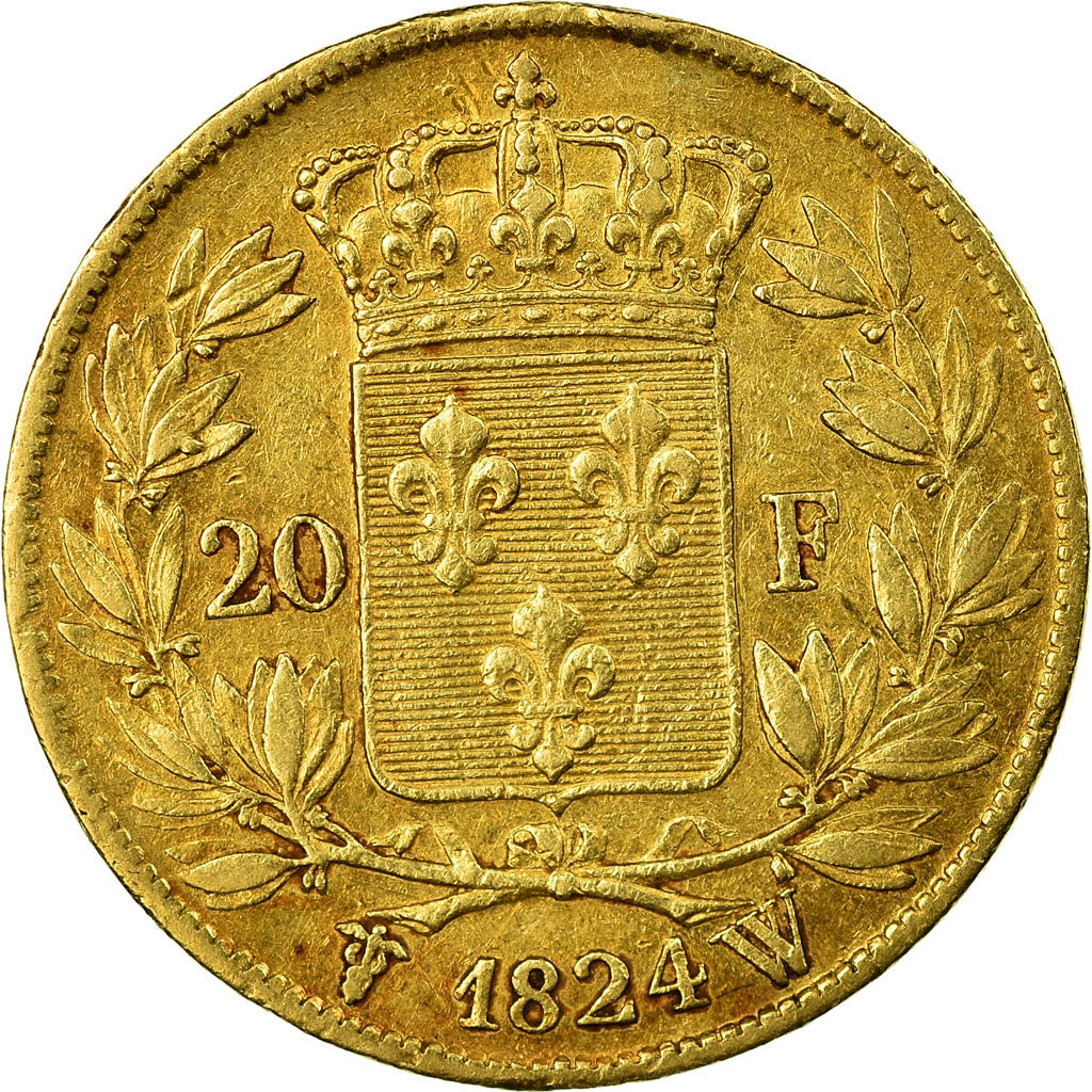 Moneta, Francja, Louis XVIII, 20 Francs, 1824, Lille, EF(40-45), Złoto