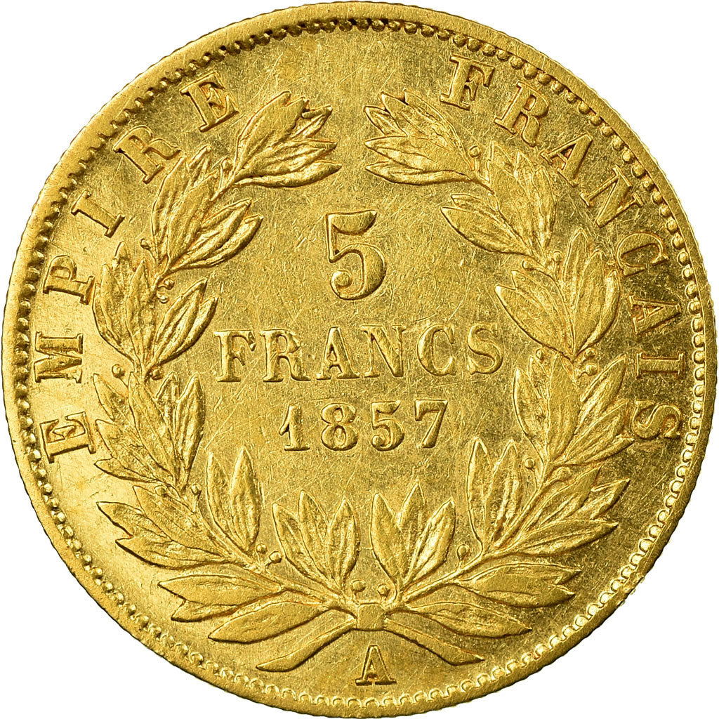 Moneda, Francia, Napoleon III, 5 Francs, 1857, Paris, BC+, Oro, KM:787.1