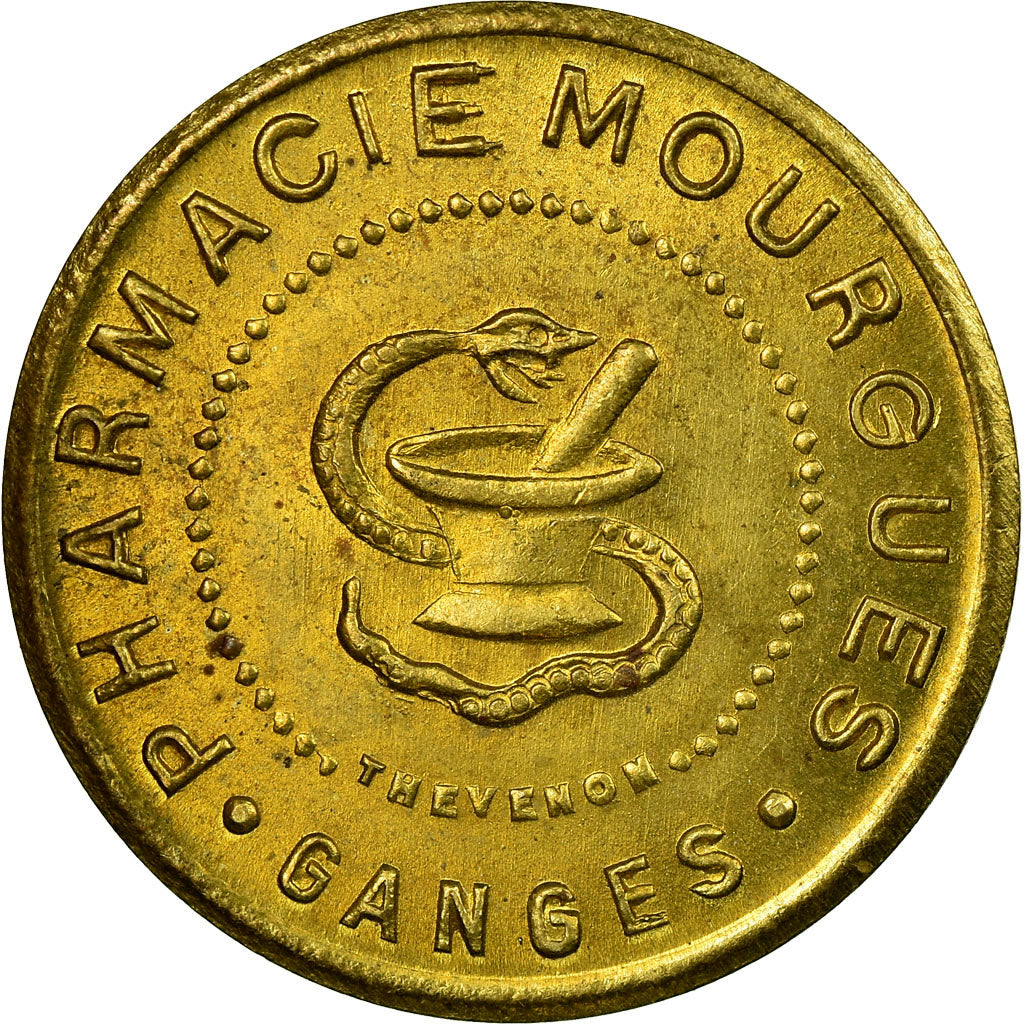 Coin, France, Pharmacie MOURGUES, Ganges, 25 Centimes, MS(60-62), Brass