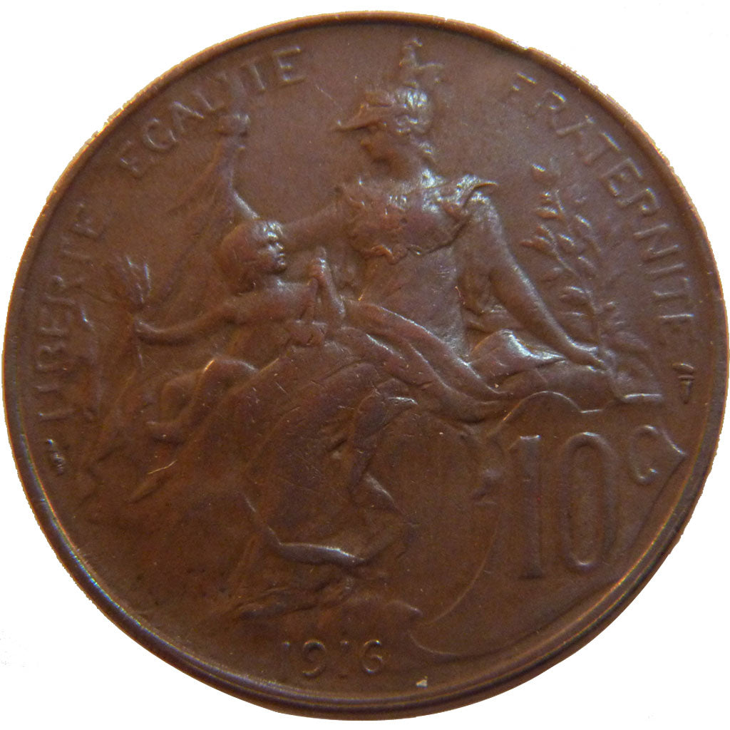 FRANCE, 10 Centimes, 1916, AU(50-53), Bronze, Gadoury #277, 10.00