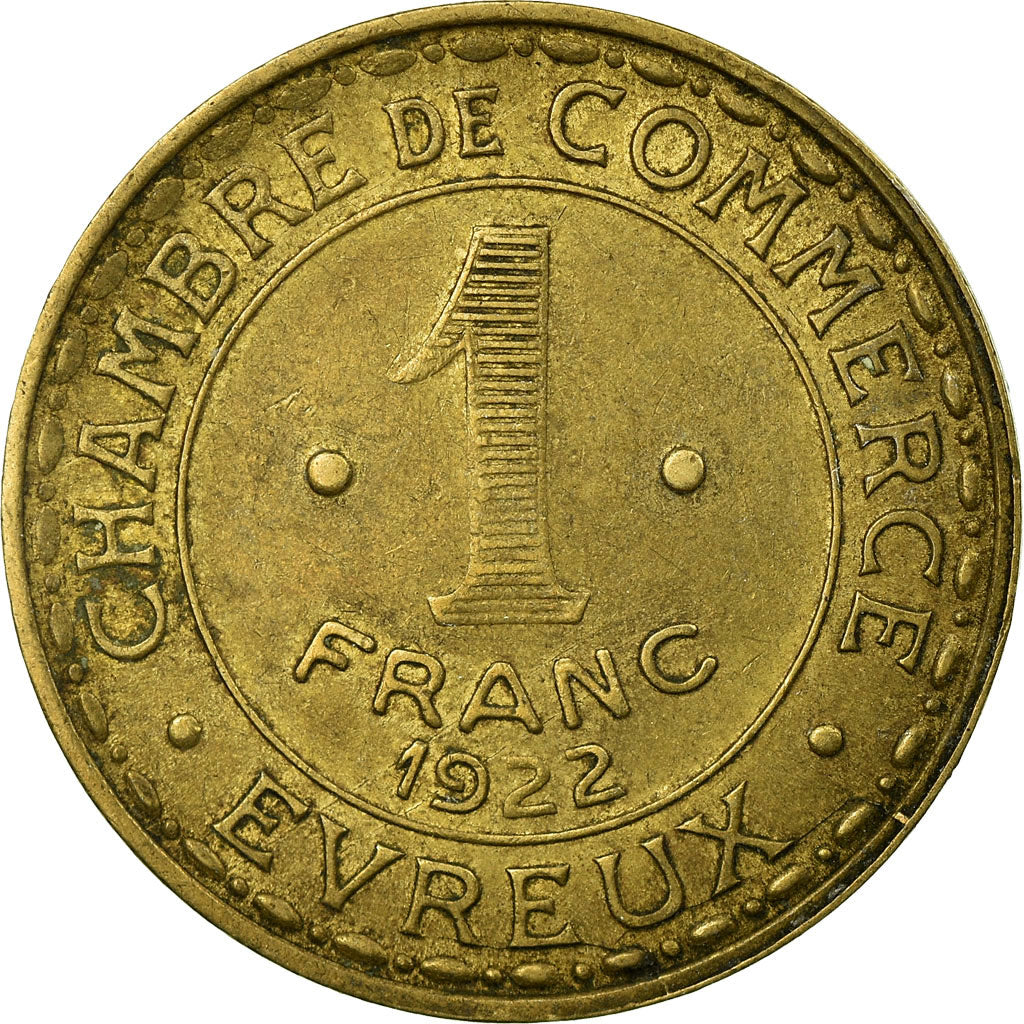 Coin, France, Chambre de Commerce, Evreux, 1 Franc, 1922, EF(40-45), Brass
