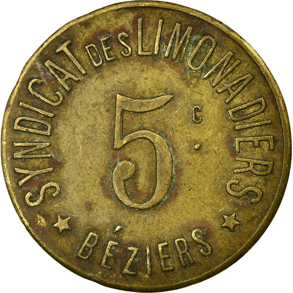 Coin, France, Syndicat des Limonadiers, Béziers, 5 Centimes, EF(40-45), Brass