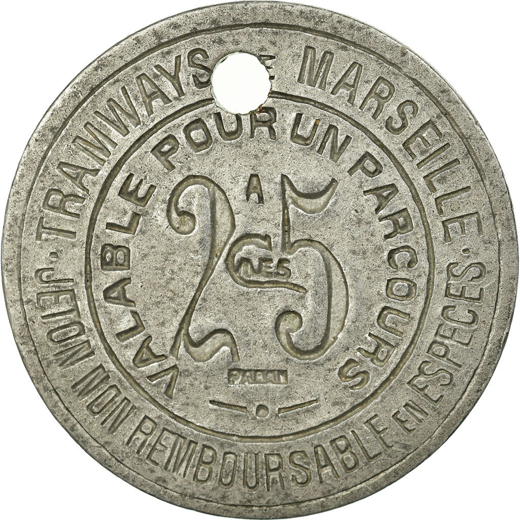 Moneda, Francia, Tramways de Marseille, Marseille, 25 Centimes, MBC+, Aluminio