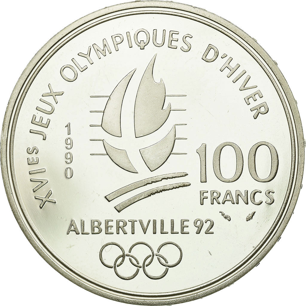 Coin, France, Bobsledding, 100 Francs, 1990, Albertville 92, MS(63), Silver