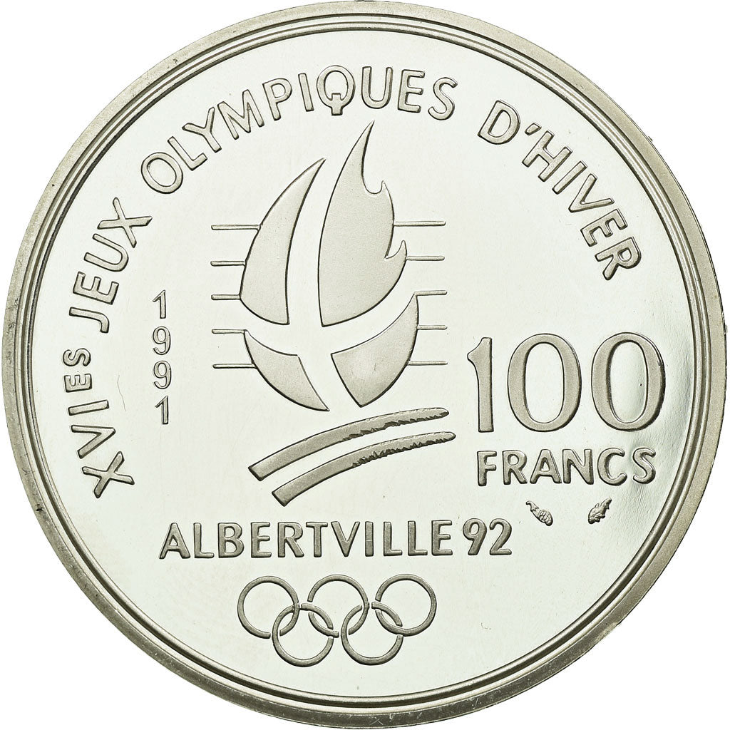 Munten, Frankrijk, Cross-country skier, 100 Francs, 1991, Albertville 92, UNC-