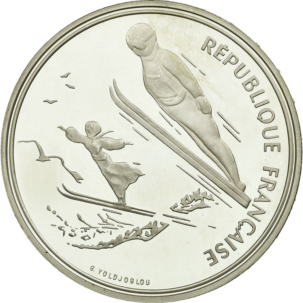Coin, France, Ski jumpers, 100 Francs, 1991, Albertville 92, MS(63), Silver