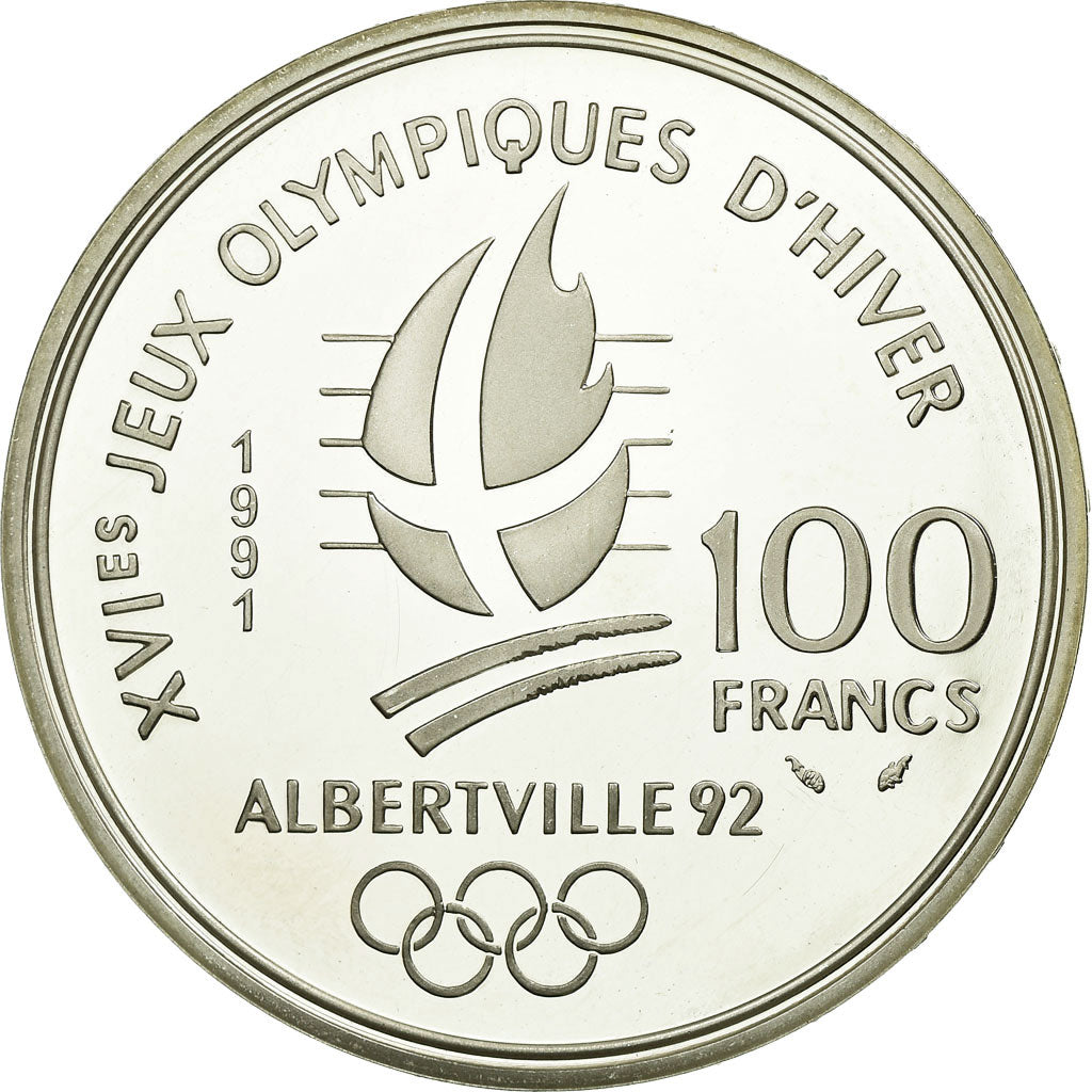 Coin, France, Ski jumpers, 100 Francs, 1991, Albertville 92, MS(63), Silver