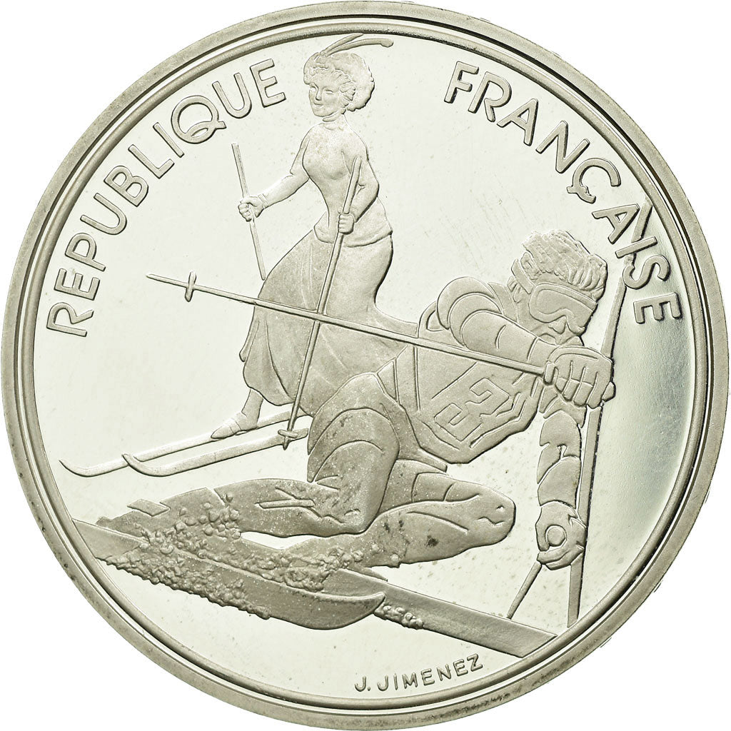 Moneda, Francia, Slalom skiers, 100 Francs, 1990, Albertville 92, SC, Plata