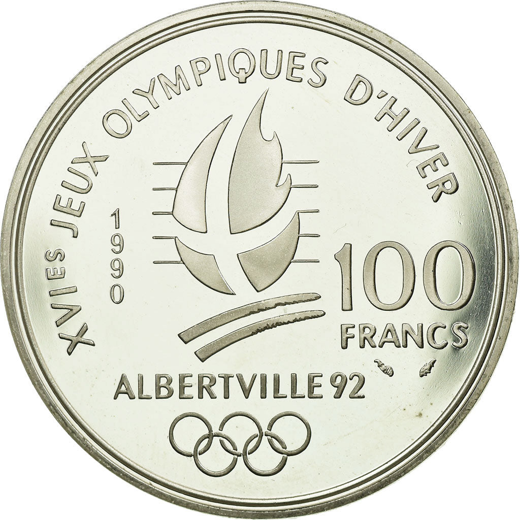 Moneda, Francia, Slalom skiers, 100 Francs, 1990, Albertville 92, SC, Plata