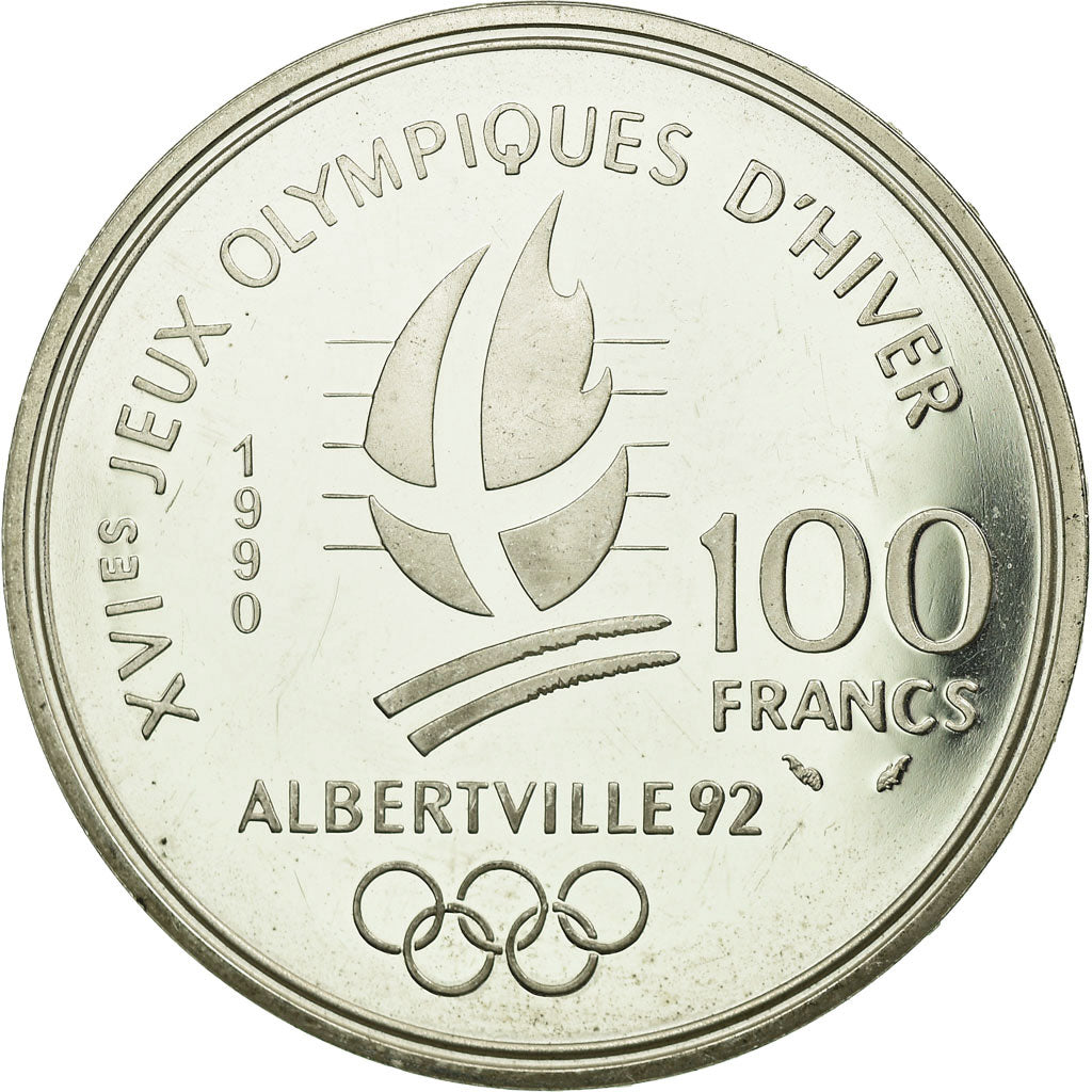 Coin, France, Speed skaters, 100 Francs, 1990, Albertville 92, MS(63), Silver