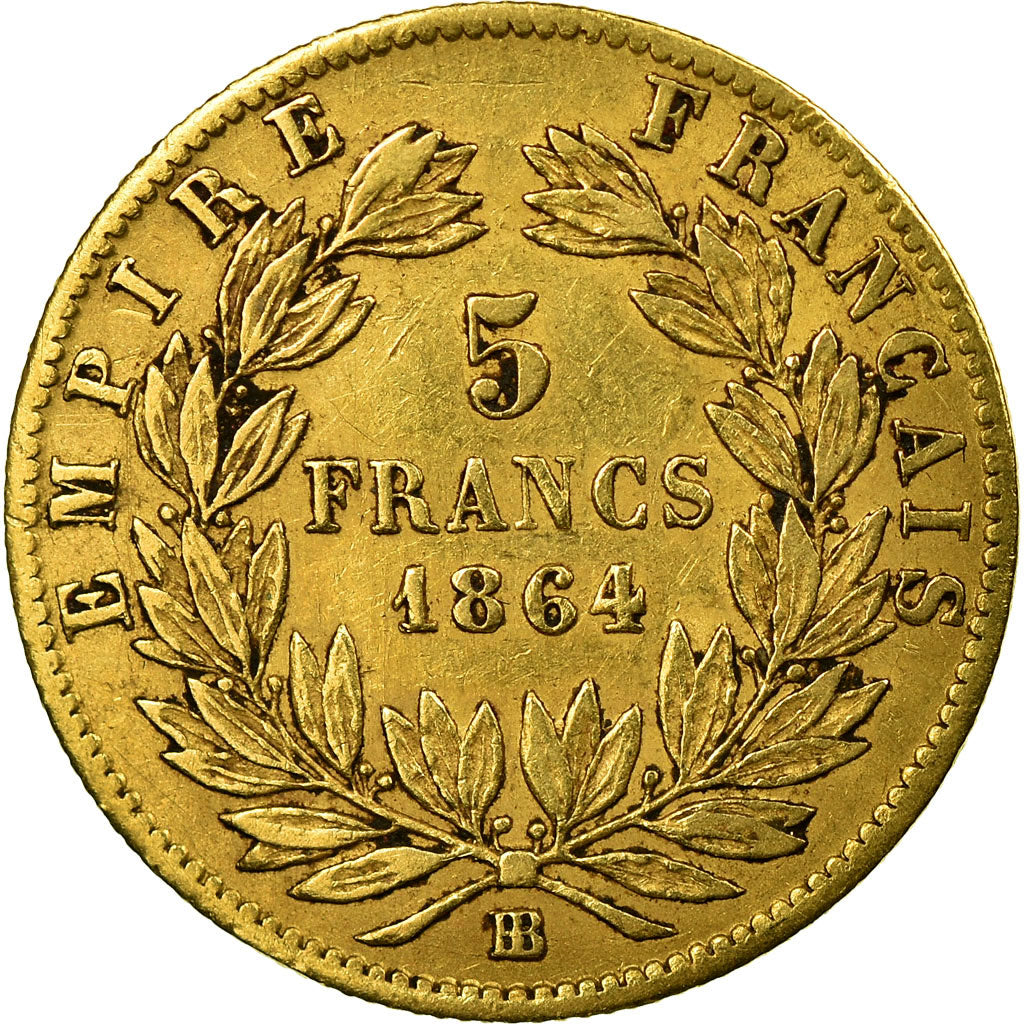 Moneta, Francja, Napoleon III, 5 Francs, 1864, Strasbourg, VF(30-35), Złoto
