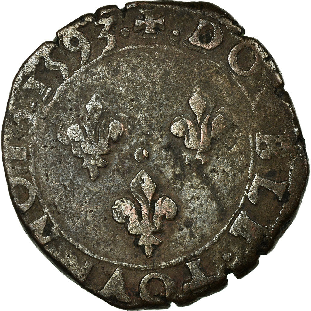 Moeda, França, Charles X, Double Tournois, 1593, Dijon, VF(30-35), Cobre