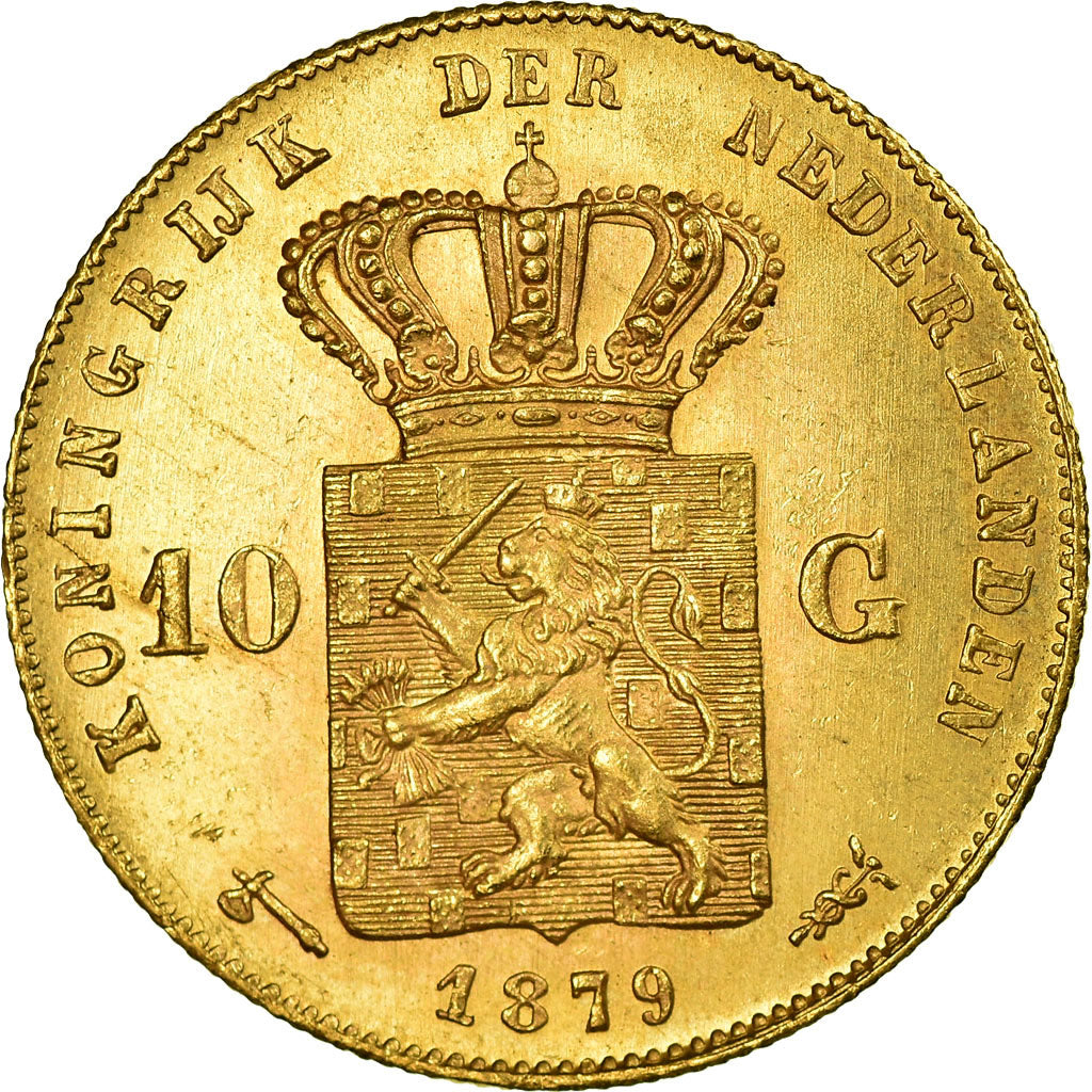 Coin, Netherlands, William III, 10 Gulden, 1879, MS(64), Gold, KM:106