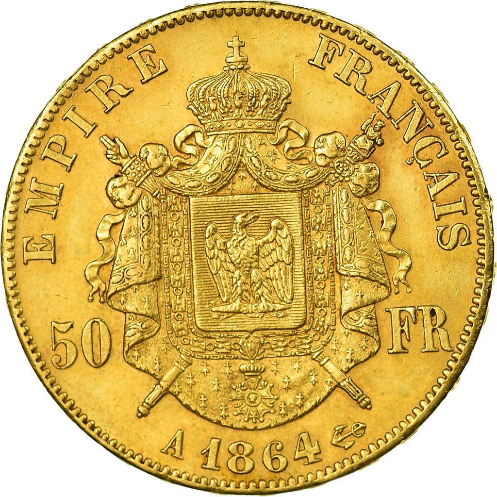 Moneta, Francja, Napoleon III, 50 Francs, 1864, Paris, AU(50-53), Złoto