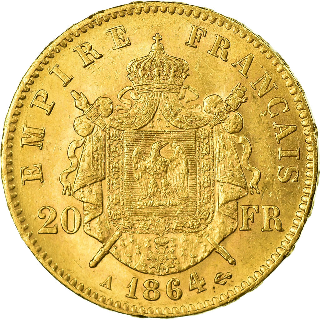 Moeda, França, Napoleon III, 20 Francs, 1864, Paris, AU(55-58), Dourado