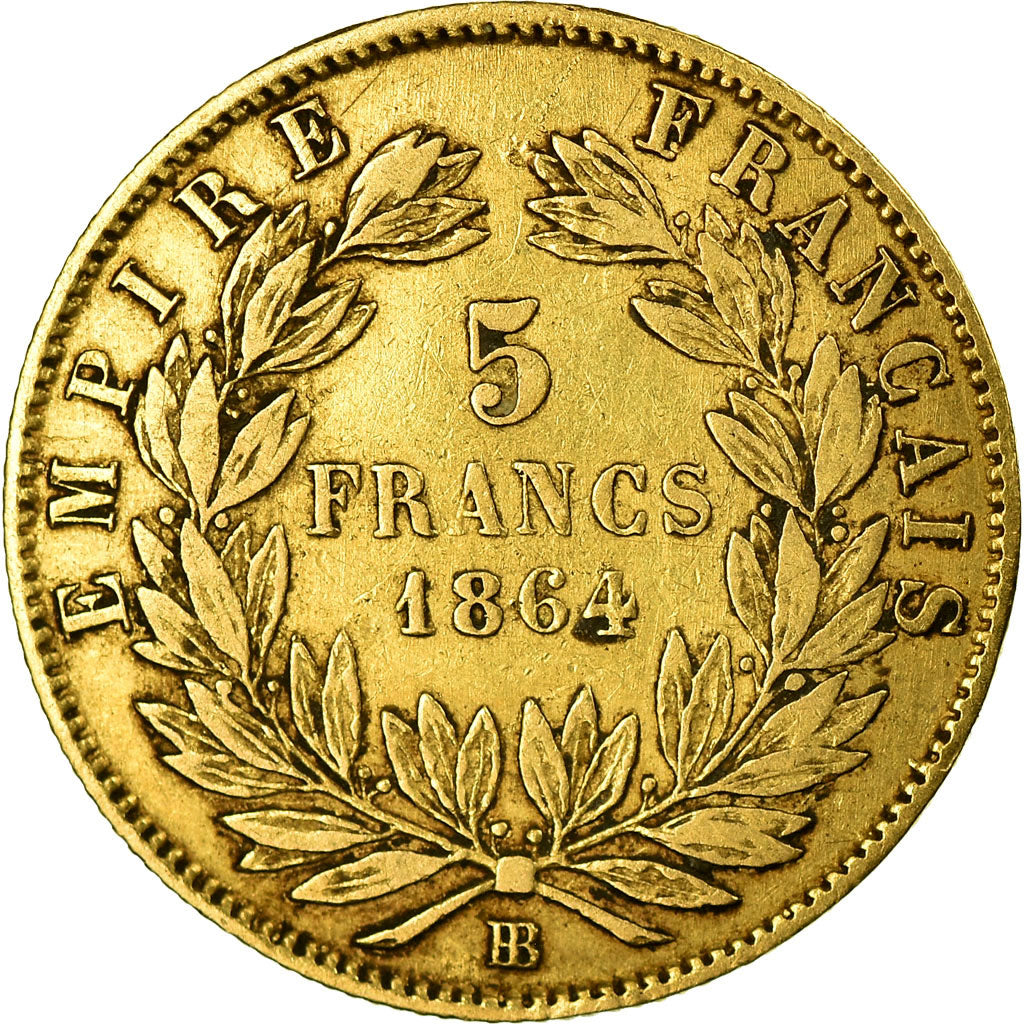 Moeda, França, Napoleon III, 5 Francs, 1864, Strasbourg, VF(30-35), Dourado