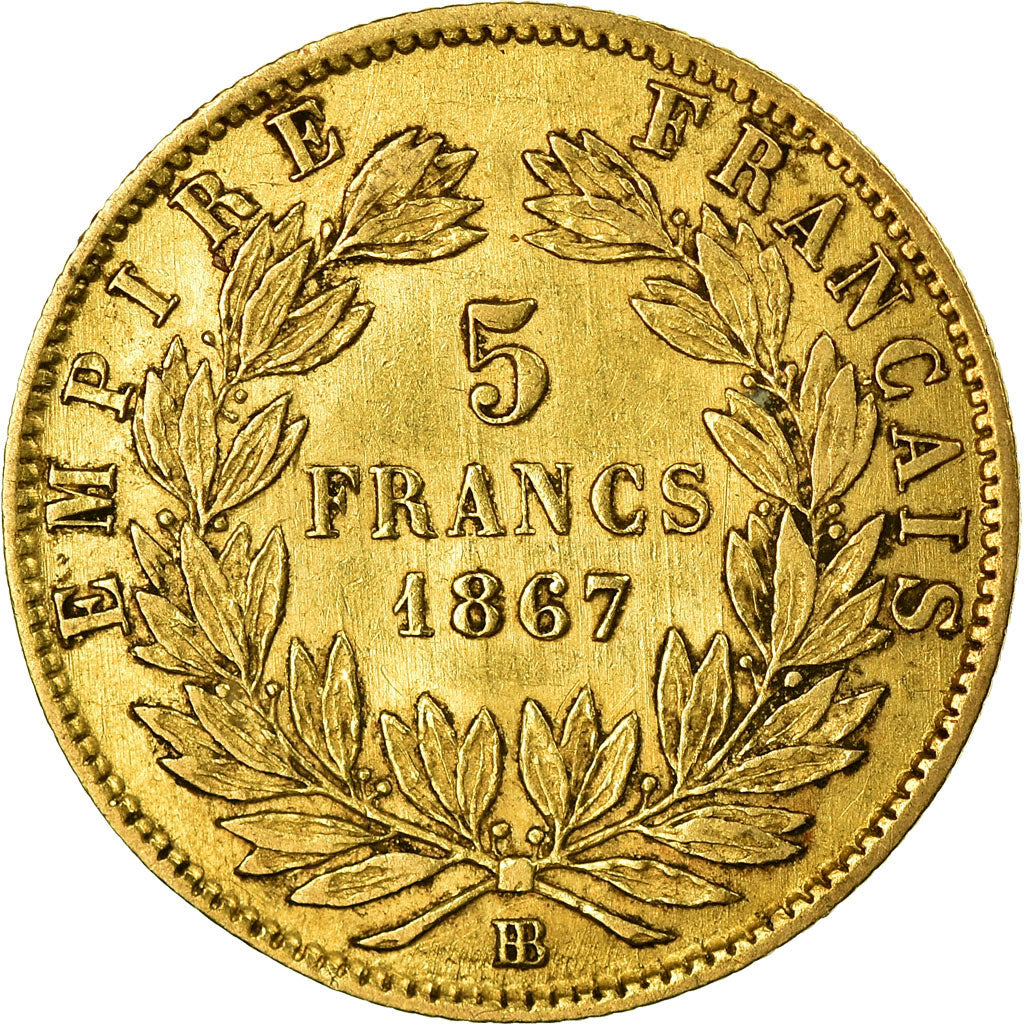 Moeda, França, Napoleon III, 5 Francs, 1867, Strasbourg, VF(30-35), Dourado