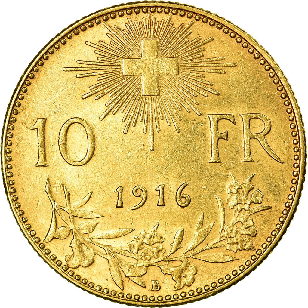 Coin, Switzerland, 10 Francs, 1916, Bern, AU(50-53), Gold, KM:36