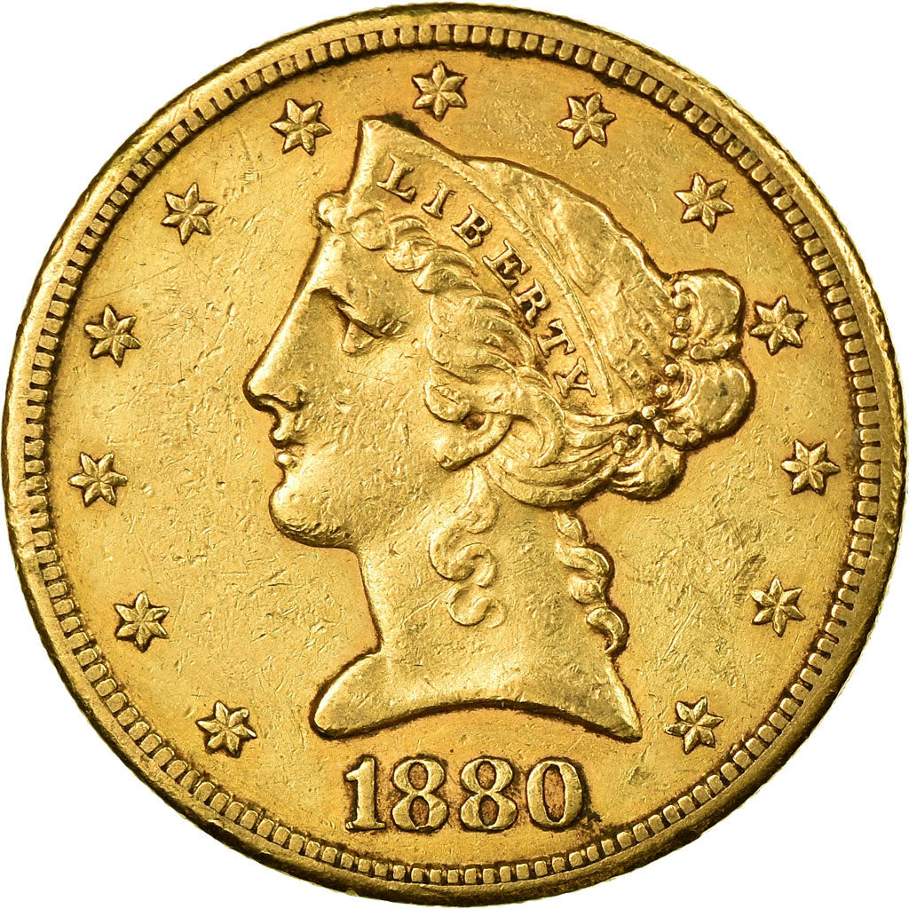 Moneta, USA, Coronet Head, $5, Half Eagle, 1880, San Francisco, EF(40-45)