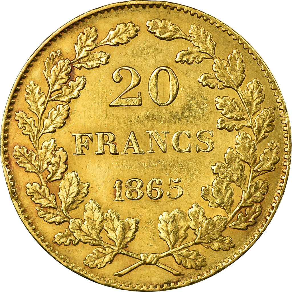 Moneta, Belgio, Leopold I, 20 Francs, 20 Frank, 1865, BB, Oro, KM:23