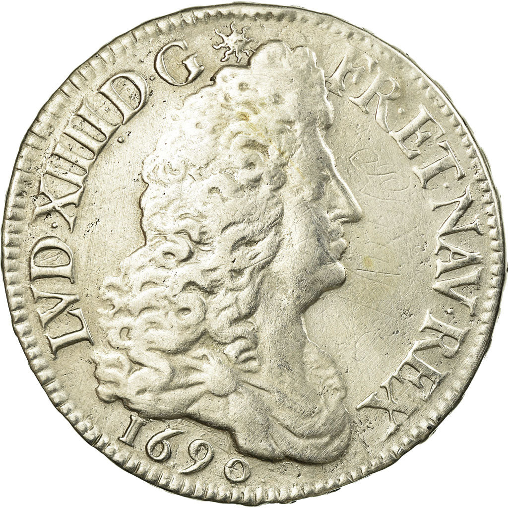 Moeda, França, Louis XIV, Ecu aux 8 L, 1690, Paris, VF(30-35), Prata