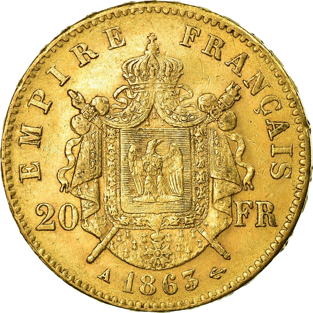 Moneta, Francja, Napoleon III, 20 Francs, 1863, Paris, AU(50-53), Złoto