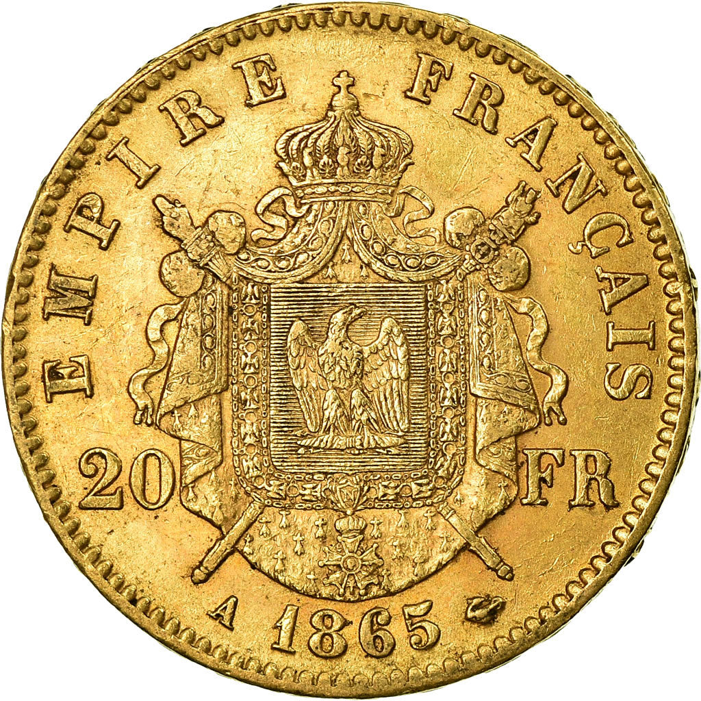 Moneta, Francja, Napoleon III, 20 Francs, 1865, Paris, AU(50-53), Złoto