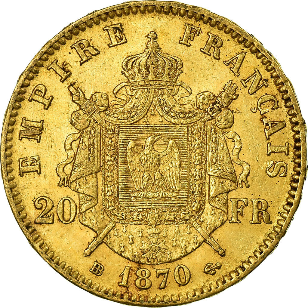 Moneda, Francia, Napoleon III, 20 Francs, 1870, Strasbourg, MBC+, Oro, KM:801.2
