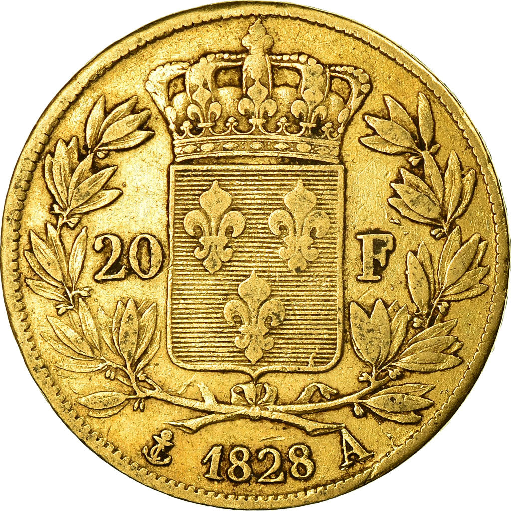 Moneta, Francia, Charles X, 20 Francs, 1828, Paris, MB+, Oro, KM:726.1