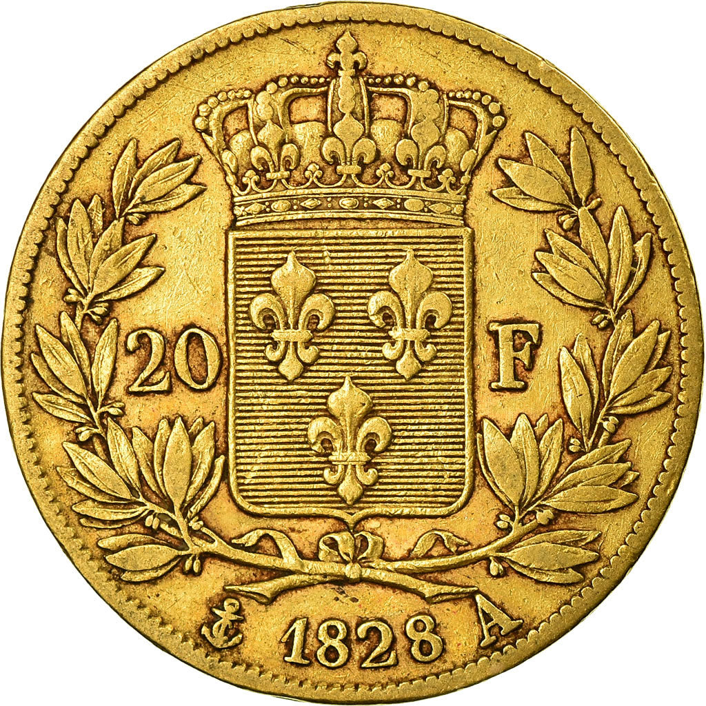 Moneda, Francia, Charles X, 20 Francs, 1828, Paris, BC+, Oro, KM:726.1