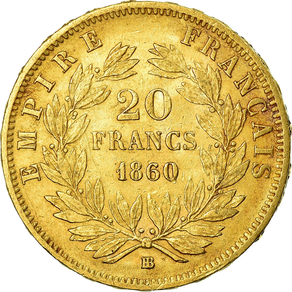 Moneta, Francia, Napoleon III, 20 Francs, 1860, Strasbourg, BB, Oro, KM:781.2