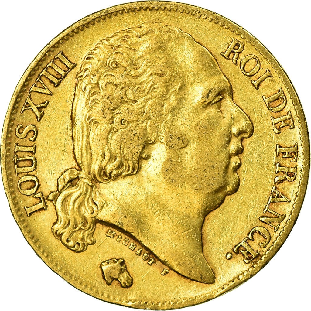 Moeda, França, Louis XVIII, 20 Francs, 1818, Paris, EF(40-45), Dourado