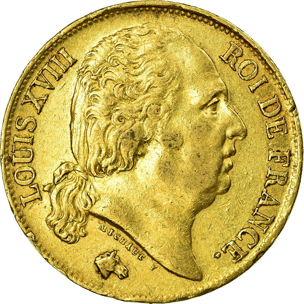 Moeda, França, Louis XVIII, 20 Francs, 1824, Lille, EF(40-45), Dourado