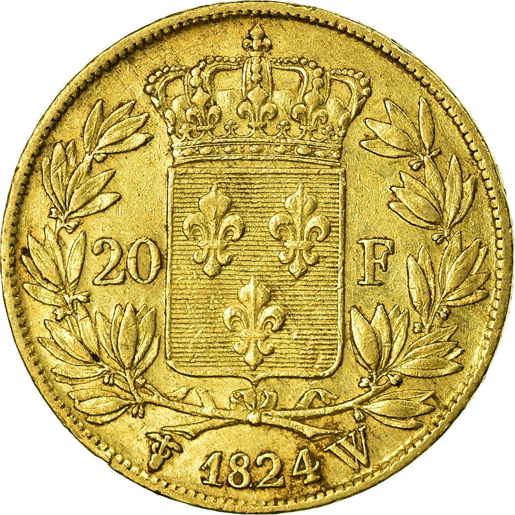 Moeda, França, Louis XVIII, 20 Francs, 1824, Lille, EF(40-45), Dourado