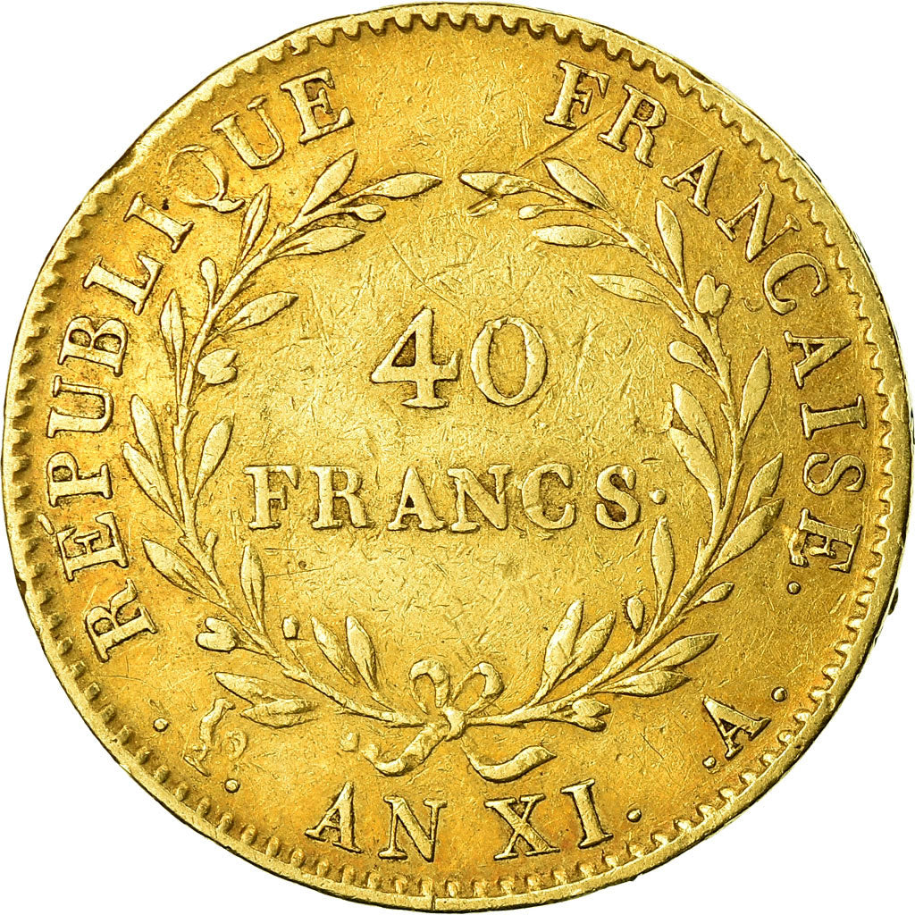 Monnaie, France, Napoléon I, 40 Francs, An XI, Paris, Avec olive, TB+, Or