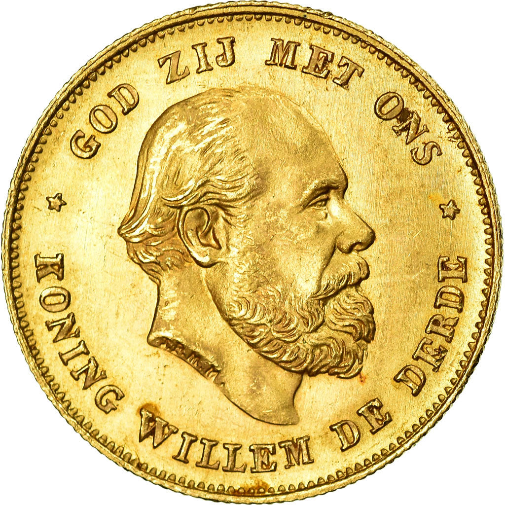 Coin, Netherlands, William III, 10 Gulden, 1875, MS(63), Gold, KM:105