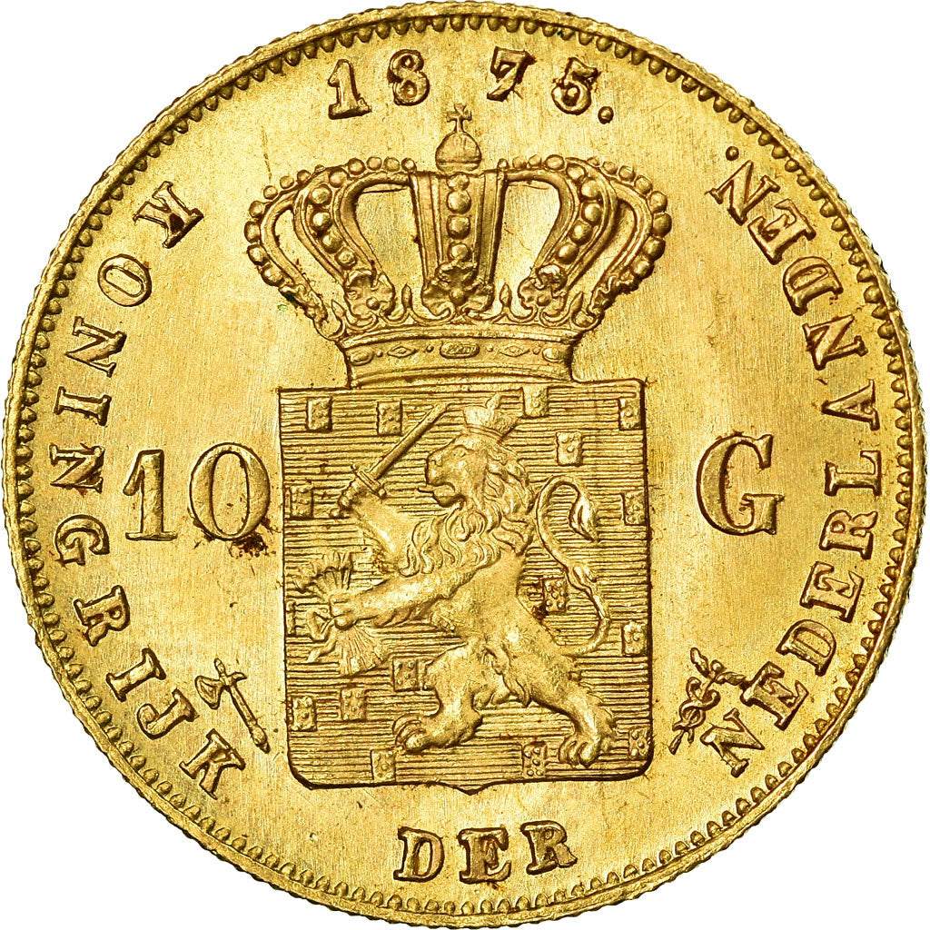 Coin, Netherlands, William III, 10 Gulden, 1875, MS(63), Gold, KM:105